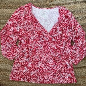 Talbots XL Red & White Stretchy V Neck Wrap style 3/4 Sleeve shirt